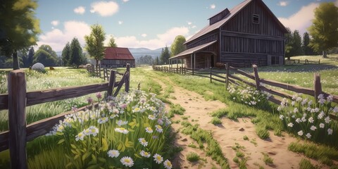 Scenic farm painting with barn, fence, and flowers, Generative AI.