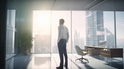 Fototapeta na wymiar Businessman standing in modern office with panoramic window and city view
