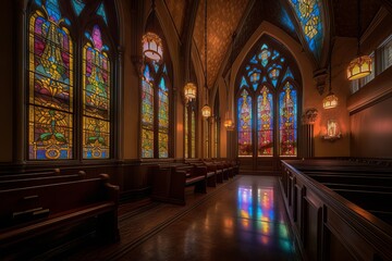 Fototapeta premium Illuminated Stained Glass Windows in a Church, Generative AI.
