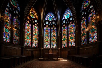 Obraz premium Illuminated Stained Glass Windows in a Church, Generative AI.