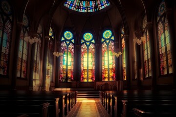 Fototapeta premium Illuminated Stained Glass Windows in a Church, Generative AI.