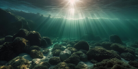 Fototapeta na wymiar Exploring the Mystical Underwater World: Sunlight Illuminates Seabed Rocks and Algae in Crystal Clear Waters, Generative AI.
