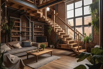 Modern couch and armchair in lovely loft style duplex with stairs and plants. Home. Selling luxury apartment. Contemporary staircase home design. Generative AI