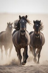 Horses with long mane portrait run. Generative AI