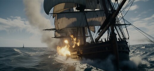 Fototapeta premium Sailing ship battle in the ocean [AI GENERATIVE]