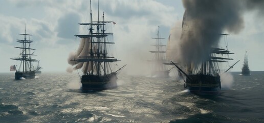 Obraz premium Sailing ship battle in the ocean [AI GENERATIVE]