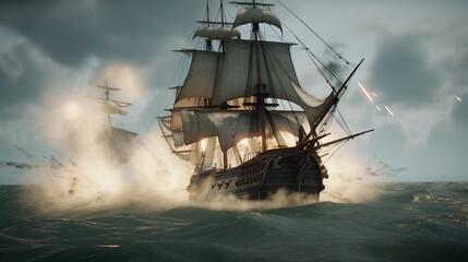 Obraz premium Sailing ship battle in the ocean [AI GENERATIVE]