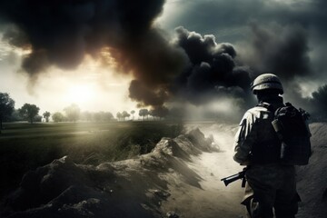 Naklejka premium soldier with a rifle, battlefield, on smokes and disaster background. Generative AI