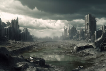 Ruins of a city. Apocalyptic landscape in fog Generative AI