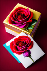 Red rose on the table, card, flower gift box for Mother's Day and Valentine's Day, Generative Ai