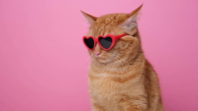Cute red cat with red heart-shaped sunglasses sits on a pink background. Postcard with cat with space for text. Concept Valentine's Day, wedding, women's day, birthday
