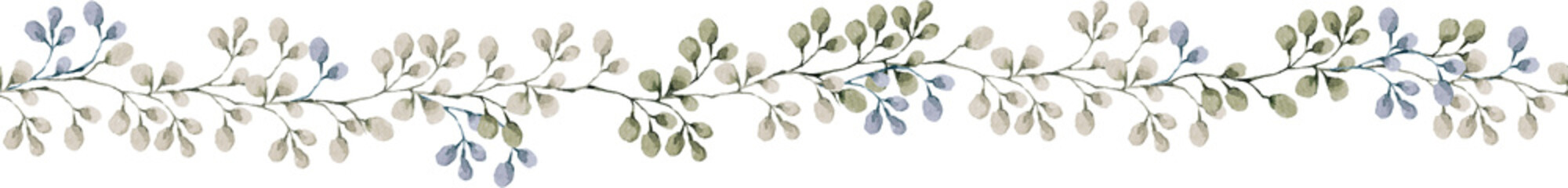 Ivy green leaves long vine watercolor leaves in a long stem or branch swag for a border design.
