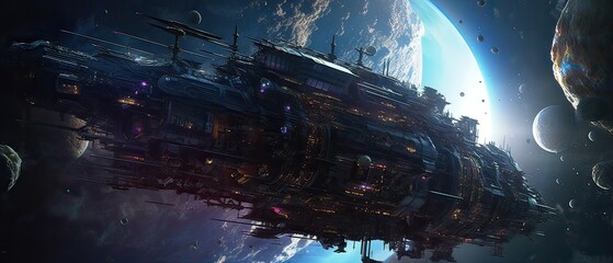 Futuristic sciFi huge battle spaceships. Futuristic sciFi huge battle spaceships concept for futuristic interstellar deep space travel for sci-fi backgrounds. Generative Ai.