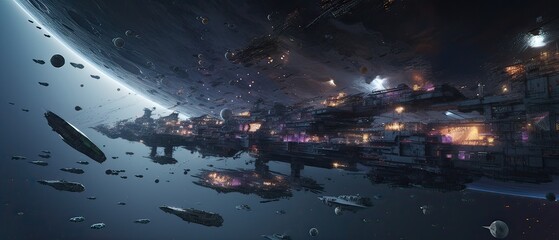 Futuristic sciFi huge battle spaceships. Futuristic sciFi huge battle spaceships concept for futuristic interstellar deep space travel for sci-fi backgrounds. Generative Ai.