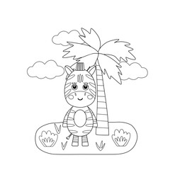 Baby coloring book with cute zebra palm tree cloud. Simple shapes, outline for young kids. Cartoon vector illustration.