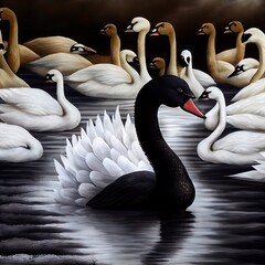A black swan on a lake among white swans, created with generative ai