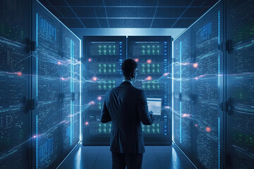 Engineer manager connecting data center on global networking in server room of storage systems and connect of data on internet network business.  Examining components, telecommunications, storage, etc