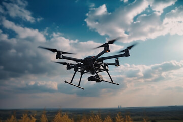 Uav drone copter flying with camera in the sky, created with Generative AI.