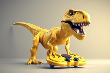Fototapeta premium Toy yellow dinosaur with gamepad on gray background, created with Generative AI.