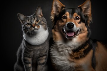 Portrait of a dog and a cat posing very happy together (Generative AI)
