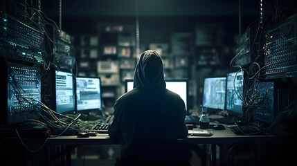 Mysterious Hacker in Dimly Lit Room, Cybersecurity, Computer Screens, Generative Ai, Generative, Ki - obrazy, fototapety, plakaty
