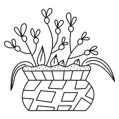 Abstract flowers in a pot. Doodle vector black and white illustration.
