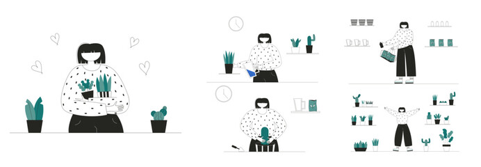 Flat vector illustrations of characters taking care of plants. Love plants. Planting plants. Character in a flower garden. Character plants a cactus. The character waters the plant.