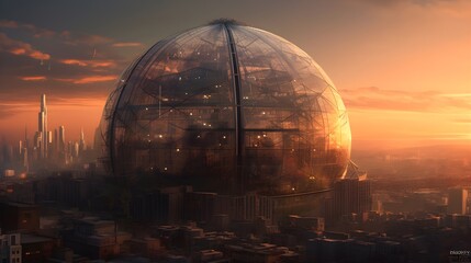 Obraz premium Transparent Dome over Futuristic City Skyline, Secure Network, Generative Ai, Generative, Ki