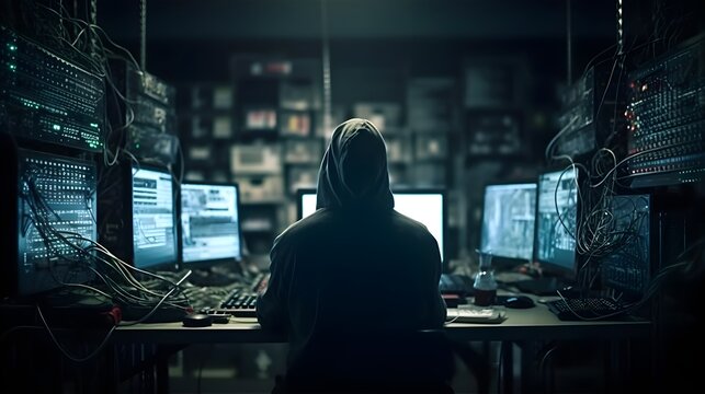 Mysterious Hacker in Dimly Lit Room, Cybersecurity, Computer Screens, Generative Ai, Generative, Ki