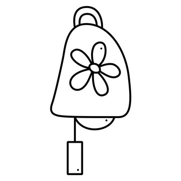 Cute bell with flower. Doodle vector black and white illustration.