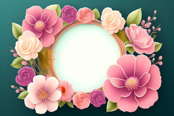 Round gold frame background with roses, with flowers, colors, for mother's day, copy space