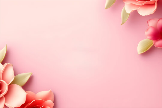 Pink and flowered background with empty space for the Mother's Day text, with flowers forming a frame, copy space