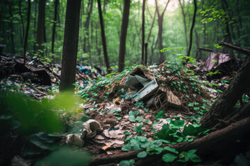 Trash in a forest, Generative AI