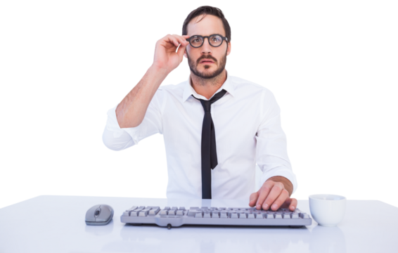 Business worker with reading glasses on computer - Powered by Adobe