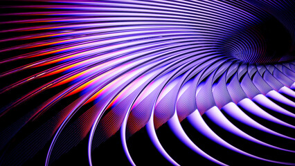 Stripes in shades of purple, blue, and orange twisting in different directions on a chrome-polished reflective surface. 3d render