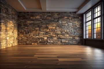 empty room with a minimalist stone wall and a view of nature through large windows. Generative AI