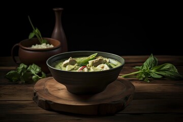 Green curry (Kaeng kheiyw hwan) with Thai food for steamed rice or rice noodles. Thai food very popular. Generative Ai.