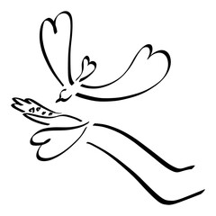 hand feeds the bird from hearts, seeds on the palm, black outline on a white background