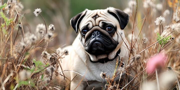 An adorable pug puppy sits in a field of wildflowers, gazing inquisitively at the camera. Its soft fur and big eyes make it a delightful sight - generative ai.