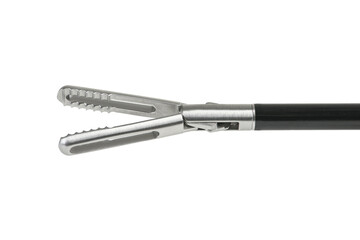 Closeup of Reusable Laparoscopic Surgical Tool on White Background. Product photography of surgical tools.. Grip surgical forceps, close-up
