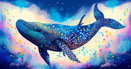 Pointillism and ink painting whale Wallpaper watercolor,Generative AI