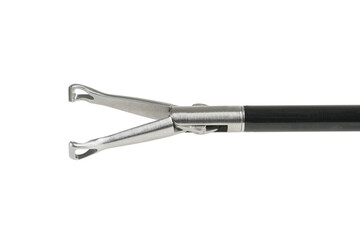 Closeup of Reusable Laparoscopic Surgical Tool on White Background. Product photography of surgical tools.. Grip surgical forceps, close-up