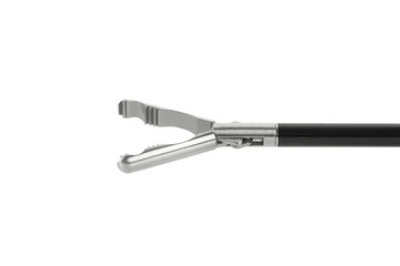 Closeup of Reusable Laparoscopic Surgical Tool on White Background. Product photography of surgical tools.. Grip surgical forceps, close-up