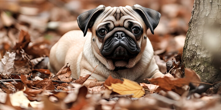 An adorable pug is seen in this image, with a cute expression on its face. Its fur is soft and fluffy, and its eyes are full of life and joy. - generative ai
