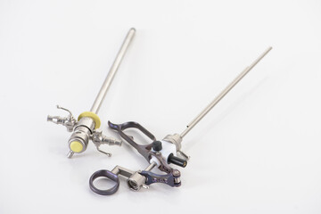 Closeup of Reusable Laparoscopic Surgical Tool on White Background. Product photography of surgical tools. 