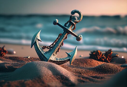 Anchor on the beach created with generative AI technology