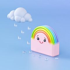 Sweet emoji of a cute smiling rainbow character with a cloud and raindrops in pastel colors. 3D smiley, cartoon emoticon isolated on blue pastel background. Funny kawaii comic character illustration