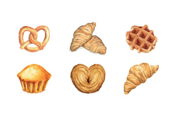 illustration of a set of cookies. 
vector illustration. watercolor pastry. pretzel, cupcake, waffle, croissant. icon set. bakery product. sweetness. dessert. food. collection