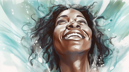 Natural beauty happy and smiling middle aged African American woman, splashes of water, refreshing feeeling, watercolor illustration (Generative AI) - 587364169