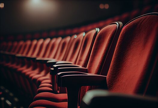 Row of red empty seats, cinema or theather. Generative AI